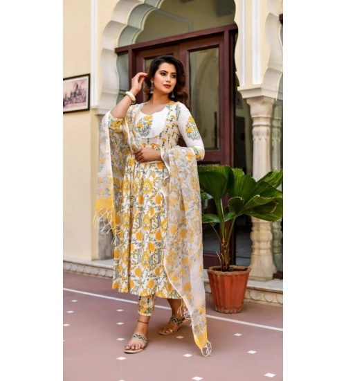 Generic Women's Cotton Blend Printed Work Kurti With Bottom And Dupatta Set (Yellow)