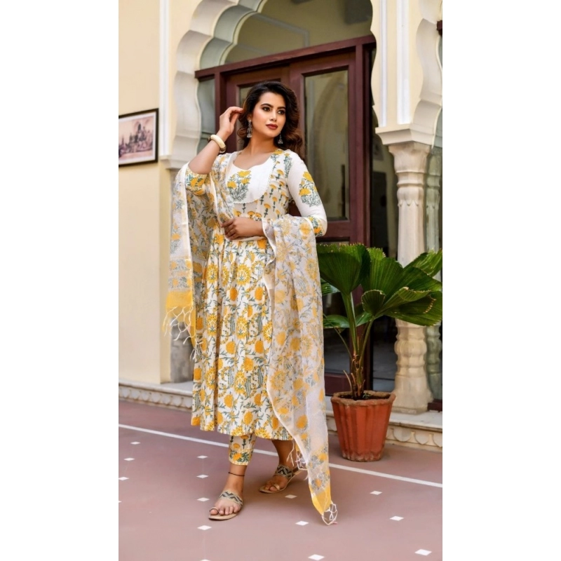 Women's Cotton Blend Printed Work Kurti With Bottom And Dupatta Set (Yellow)