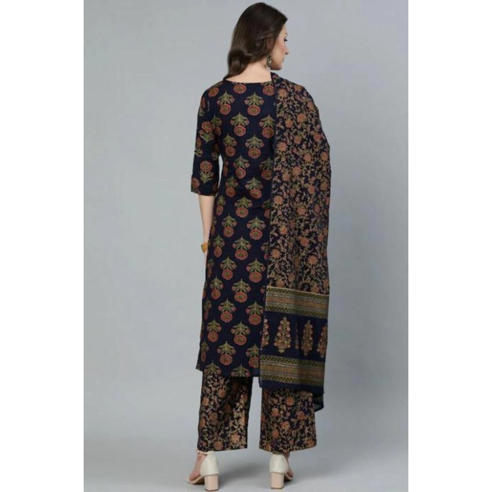 Women's Cotton Blend Printed Work Kurti With Bottom And Dupatta Set (Navy Blue)