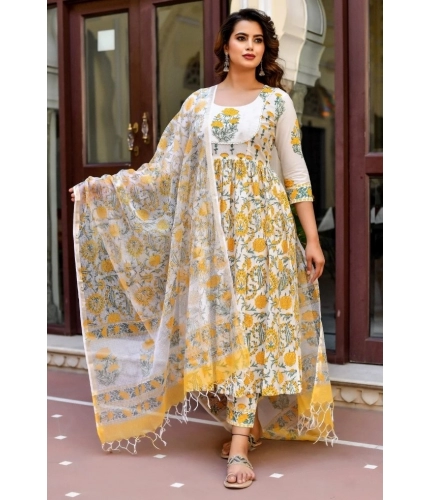 Generic Women's Cotton Blend Printed Work Kurti With Bottom And Dupatta Set (Yellow)