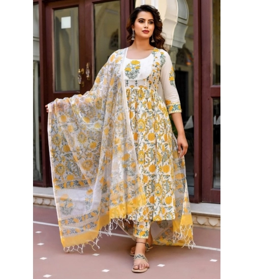 Generic Women's Cotton Blend Printed Work Kurti With Bottom And Dupatta Set (Yellow)