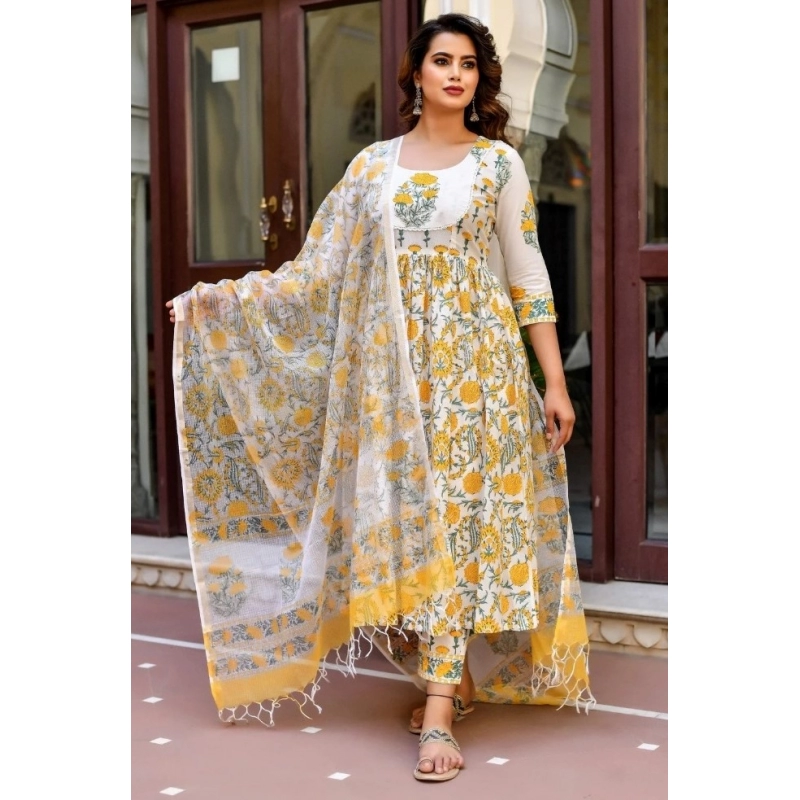 Women's Cotton Blend Printed Work Kurti With Bottom And Dupatta Set (Yellow)