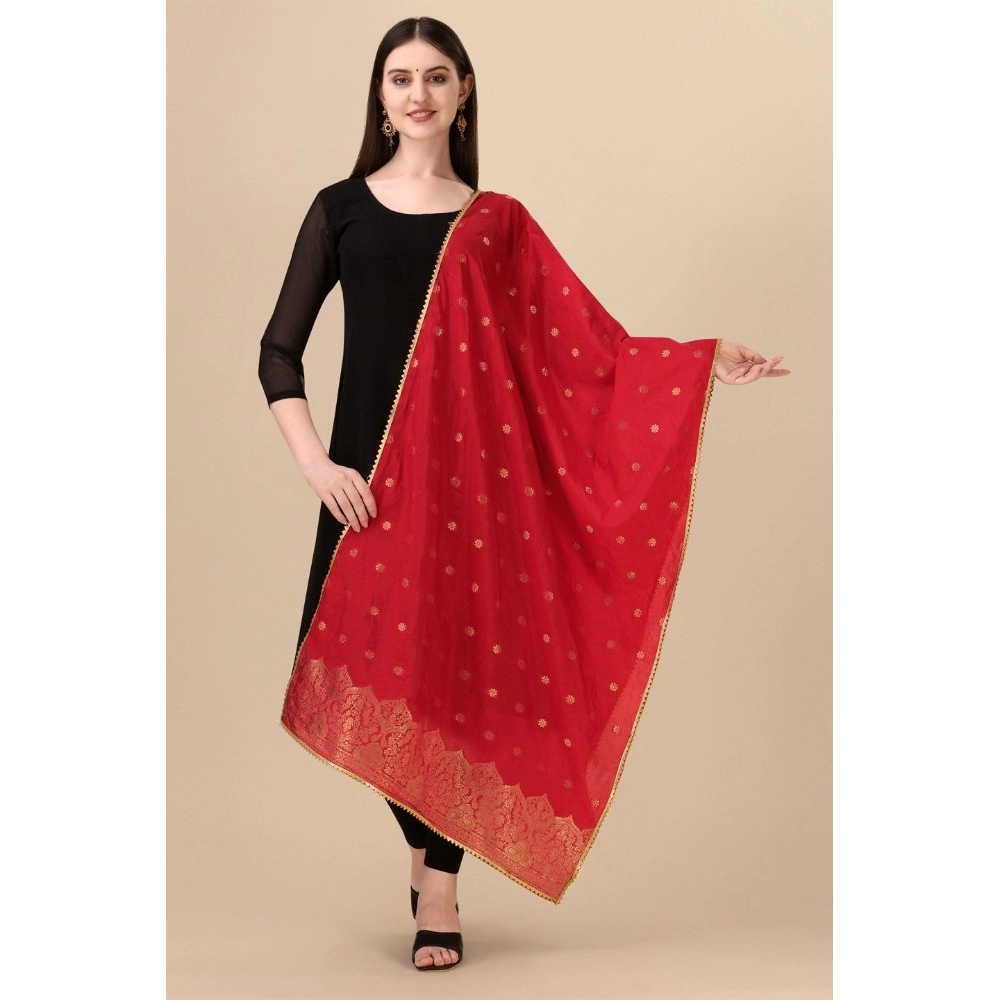 Generic Women's Silk Pure Zari weaving Duppatta (Red, Length: 2-2.3 Mtrs)
