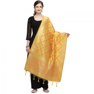 Generic Women's Silk Pure Zari weaving Duppatta (Mustard Yellow, Length: 2-2.3 Mtrs)