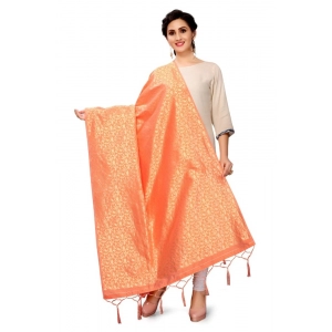Generic Women's Silk Pure weaving Work Duppatta (Orange, Length: 2-2.3 Mtrs)