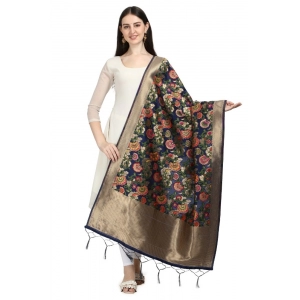 Generic Women's Silk Pure Zari weaving Duppatta (Navy Blue, Length: 2-2.3 Mtrs)