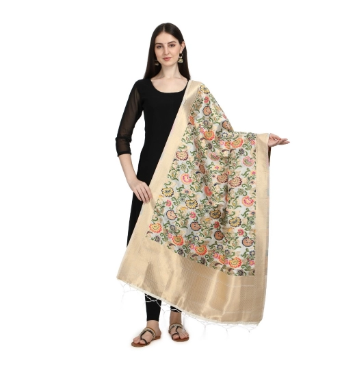 Generic Women's Silk Pure Zari weaving Duppatta (White, Length: 2-2.3 Mtrs)