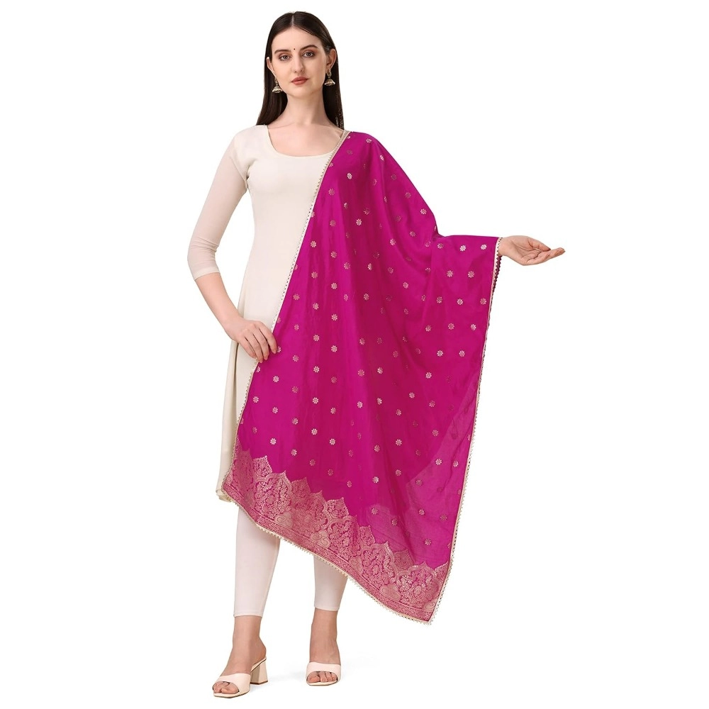 Generic Women's Silk Pure Zari weaving Duppatta (Pink, Length: 2-2.3 Mtrs)