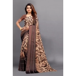Generic Women's Satin Patta Printed Saree With Unstitched Blouse (Brown)