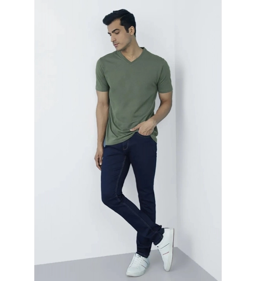 Generic Men's Casual Half sleeve Solid Cotton V Neck T-shirt (Green)