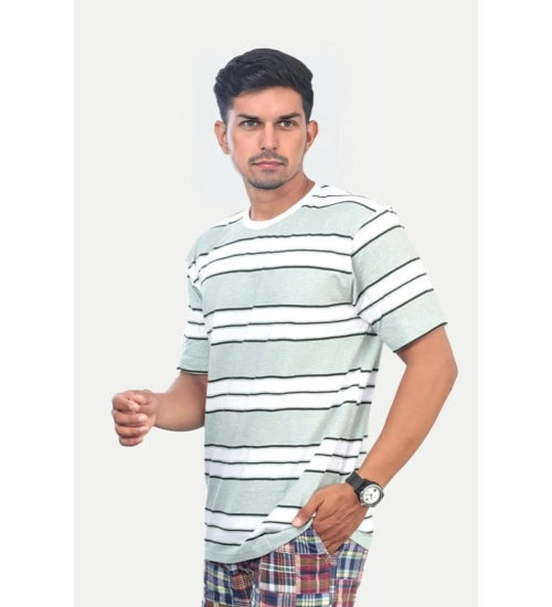 Generic Men's Casual Half sleeve Stripped Cotton Crew Neck T-shirt (White )