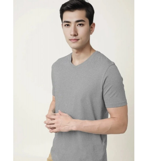 Generic Men's Casual Half sleeve Solid Cotton V Neck T-shirt (Grey Melange)