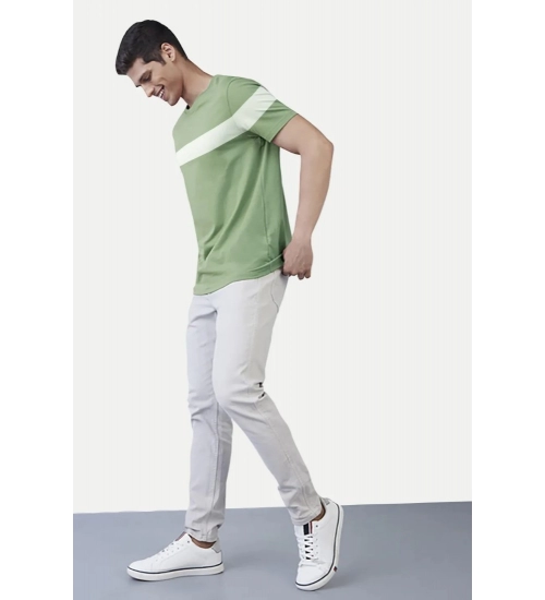 Generic Men's Casual Half sleeve Stripped Cotton Crew Neck T-shirt (Light Green)