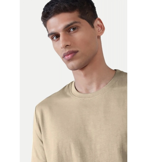 Generic Men's Casual Half sleeve Solid Polyester Crew Neck T-shirt (Beige)