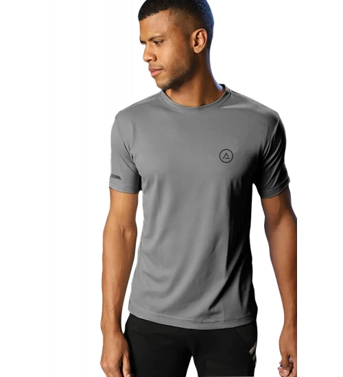 Generic Men's Casual Half sleeve Solid Polyester Crew Neck T-shirt (Grey)