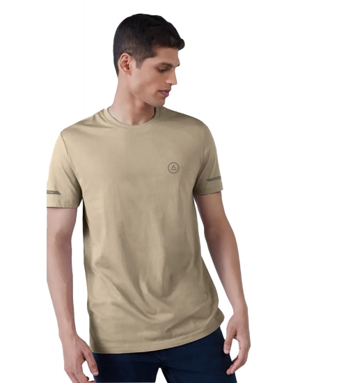 Generic Men's Casual Half sleeve Solid Polyester Crew Neck T-shirt (Beige)