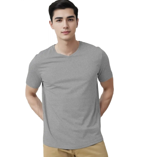 Generic Men's Casual Half sleeve Solid Cotton V Neck T-shirt (Grey Melange)