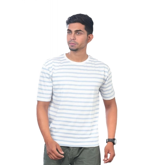 Generic Men's Casual Half sleeve Stripped Cotton Crew Neck T-shirt (White)