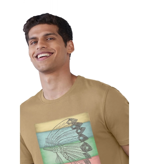 Generic Men's Casual Half sleeve Digital Printed Cotton Crew Neck T-shirt (Sand)