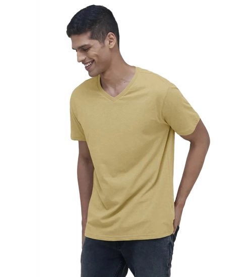 Generic Men's Casual Half sleeve Solid Cotton V Neck T-shirt (Sand)