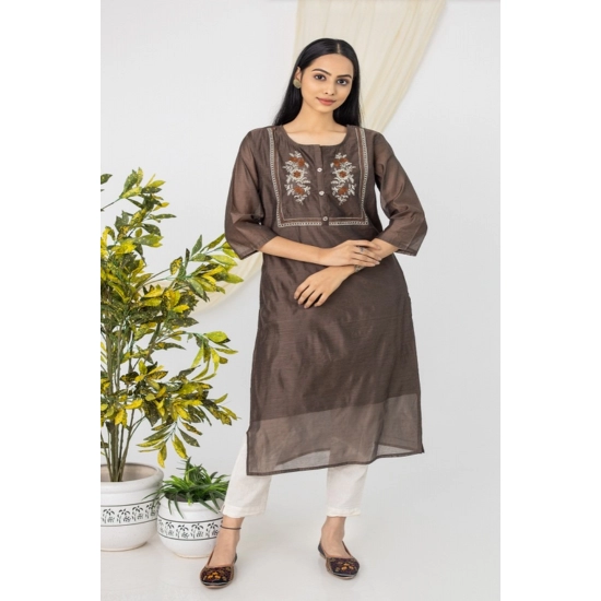 Generic Women's Casual 3/4 Sleeve Chanderi Printed Kurti (Brown) Generic Women's Casual 3/4 Sleeve Chanderi Printed Kurti (Brown)