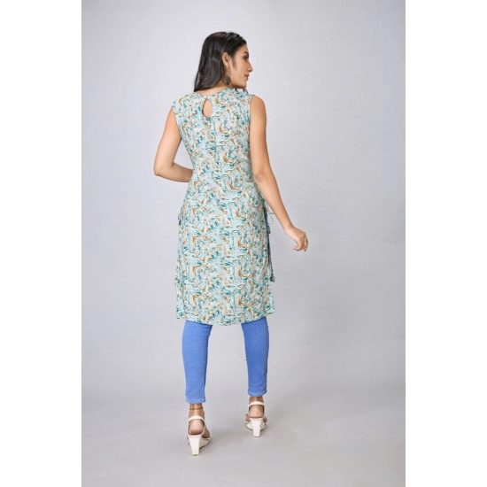 Generic Women's Casual Sleeveless Viscose Rayon Printed Kurti (Light Green)
