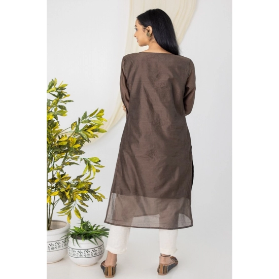 Generic Women's Casual 3/4 Sleeve Chanderi Printed Kurti (Brown) Generic Women's Casual 3/4 Sleeve Chanderi Printed Kurti (Brown)
