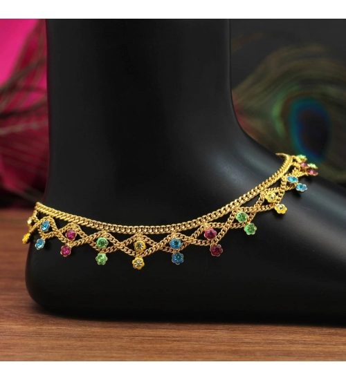 Generic Women's Multi Color Rhinestone Anklets (Free Size: Upto 10&quot;) 