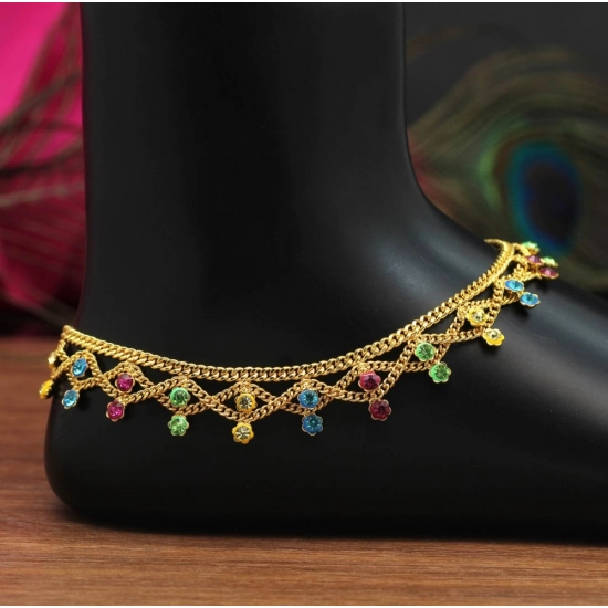 Generic Women's Multi Color Rhinestone Anklets (Free Size: Upto 10") 