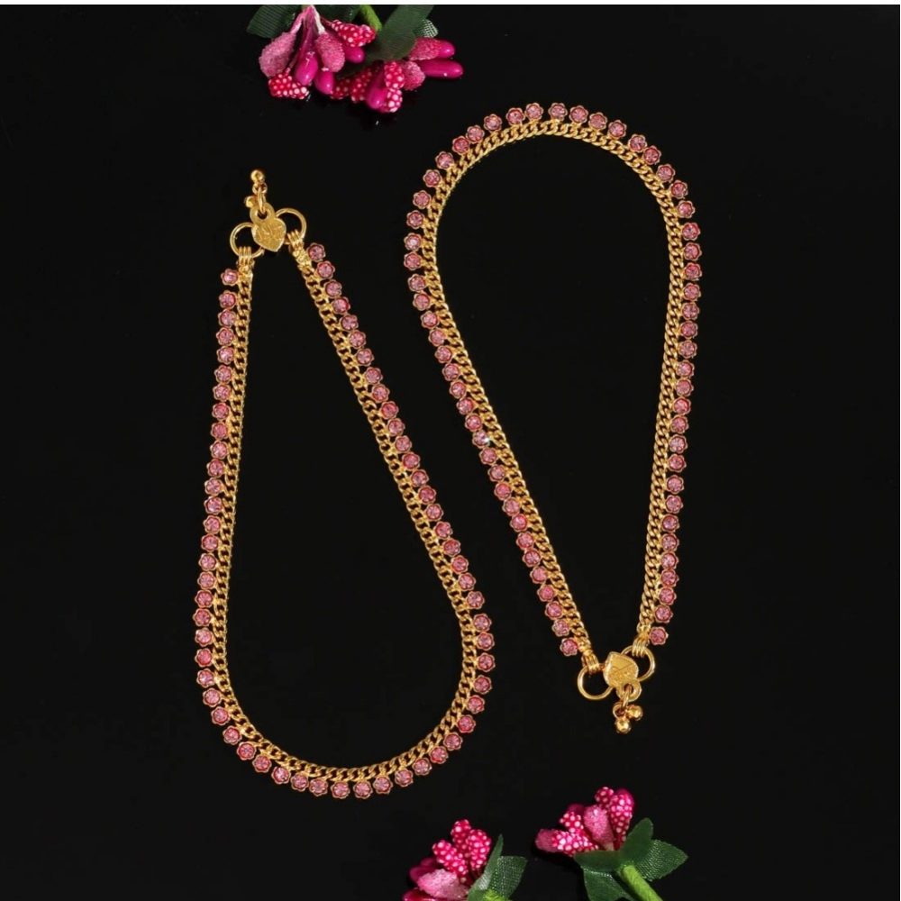 Generic Women's Pink Color Rhinestone Anklets (Free Size: Upto 10&quot;) 