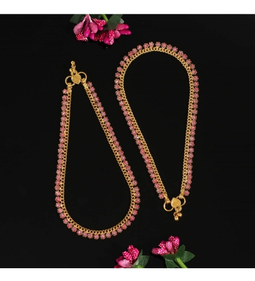 Generic Women's Pink Color Rhinestone Anklets (Free Size: Upto 10&quot;) 