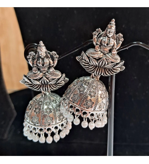 Generic Women's Silver Color Goddess Laxmi Temple Oxidised Earrings 