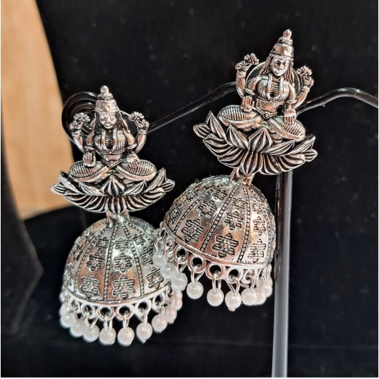 Generic Women's Silver Color Goddess Laxmi Temple Oxidised Earrings Generic Women's Silver Color Goddess Laxmi Temple Oxidised Earrings