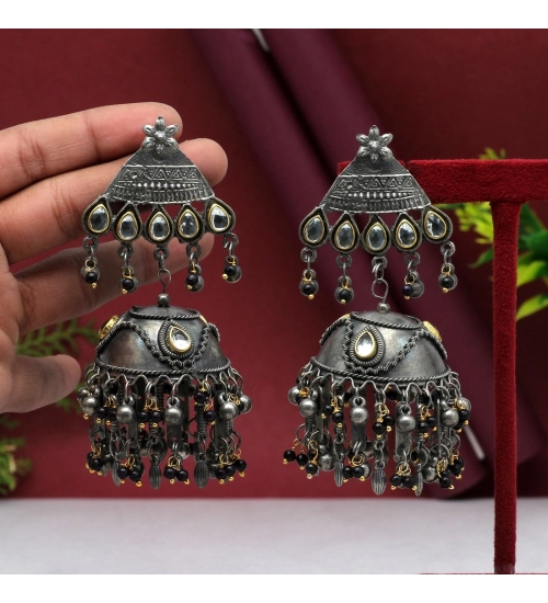 Generic Women's Black Color Oxidised Big Jhumka Earrings 