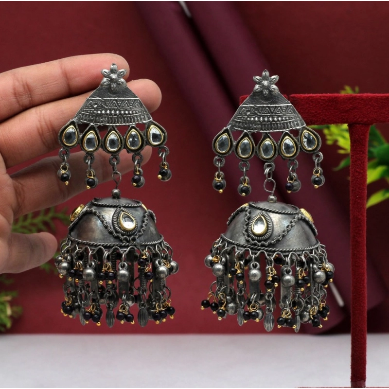 Generic Women's Black Color Oxidised Big Jhumka Earrings 