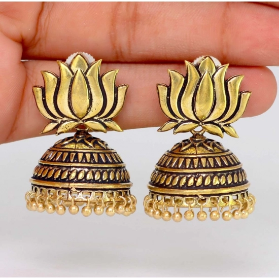 Generic Women's Handmade Gold Plated Lotus Shape Oxidised Jhumki Generic Women's Handmade Gold Plated Lotus Shape Oxidised Jhumki