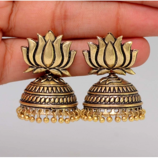 Generic Women's Handmade Gold Plated Lotus Shape Oxidised Jhumki Generic Women's Handmade Gold Plated Lotus Shape Oxidised Jhumki