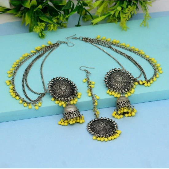 Generic Women's Yellow Color Oxidised Earrings Tikka Set 