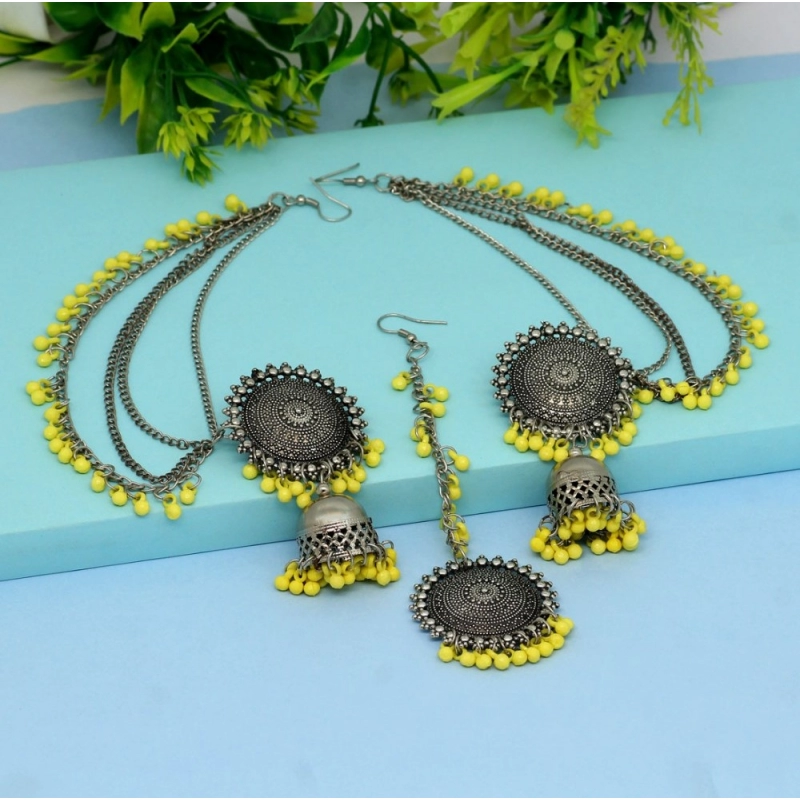 Generic Women's Yellow Color Oxidised Earrings Tikka Set 