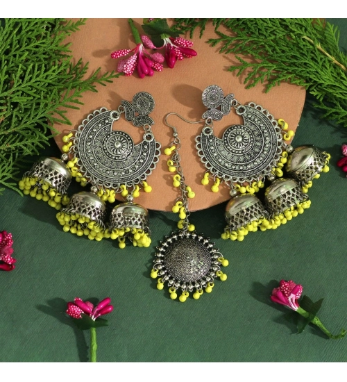 Generic Women's Yellow Color Oxidised Earrings Tikka Set 