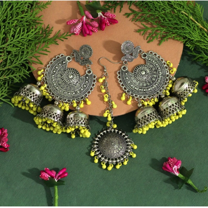 Generic Women's Yellow Color Oxidised Earrings Tikka Set 