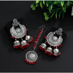 Generic Women's Red Color Oxidised Earrings Tikka Set 