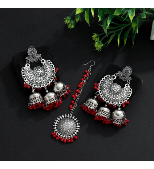 Generic Women's Red Color Oxidised Earrings Tikka Set 