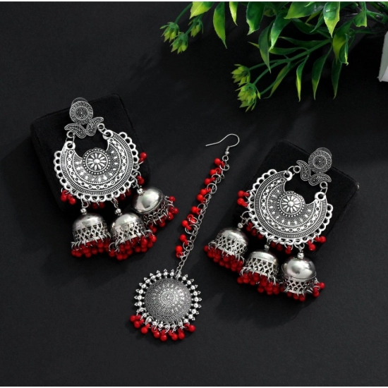 Generic Women's Red Color Oxidised Earrings Tikka Set 
