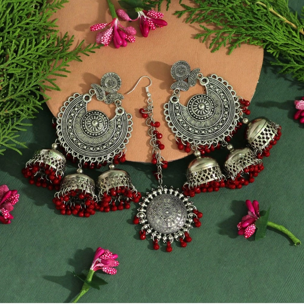 Generic Women's Maroon Color Oxidised Earrings Tikka Set 