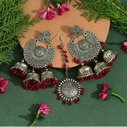 Generic Women's Maroon Color Oxidised Earrings Tikka Set 