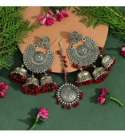 Generic Women's Maroon Color Oxidised Earrings Tikka Set 