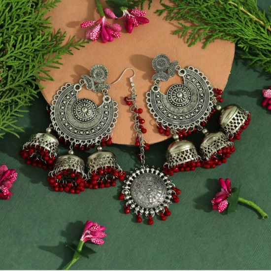 Generic Women's Maroon Color Oxidised Earrings Tikka Set 