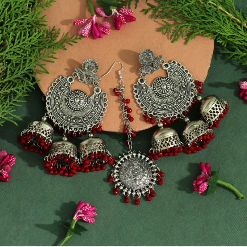 Generic Women's Maroon Color Oxidised Earrings Tikka Set 