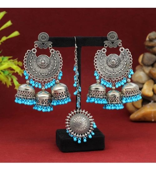 Generic Women's Firozi Color Oxidised Earrings Tikka Set 